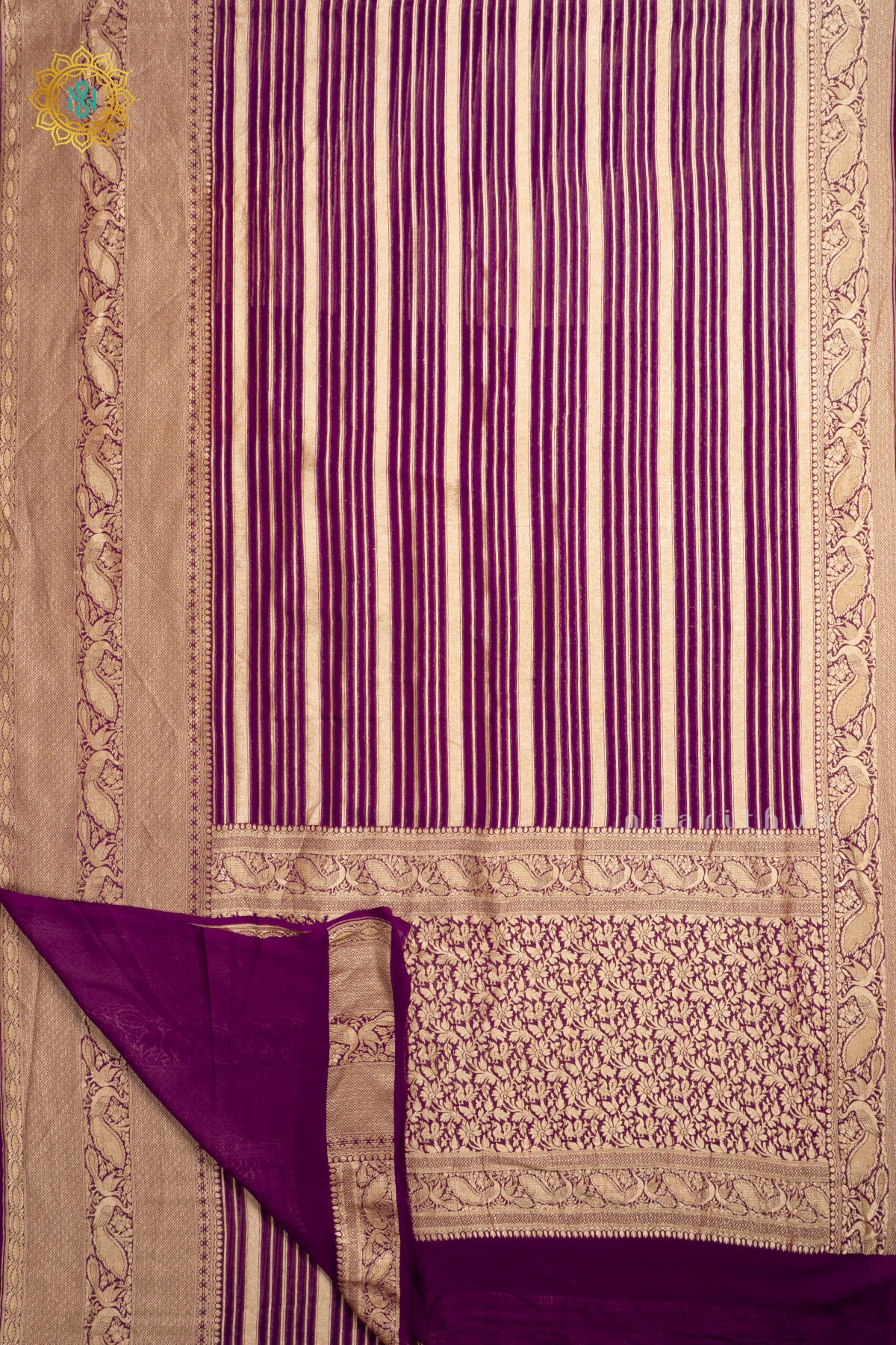 Wine Pure Banarasi Khaddi Georgette Allover Antique Zari Stripes On The Body With Contrast Zari Border & Pallu