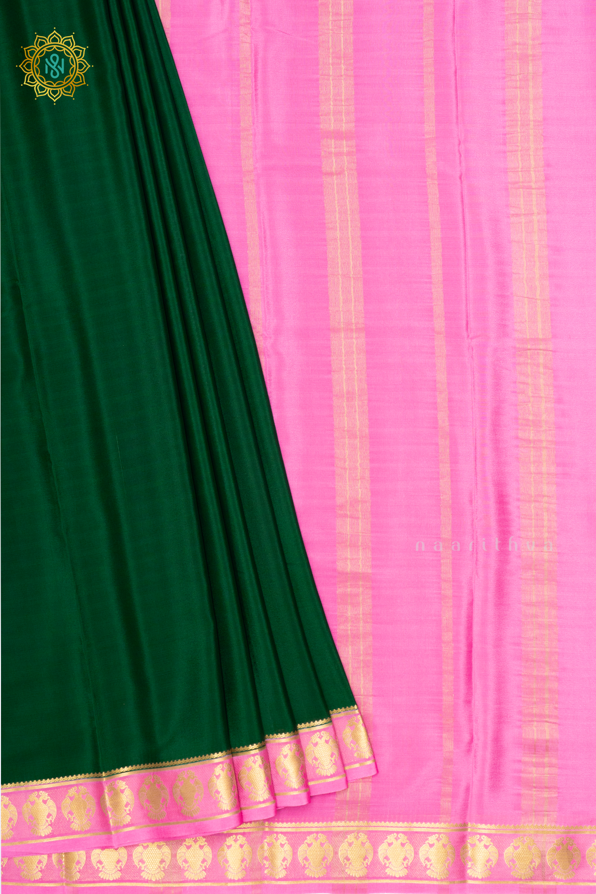 BOTTLE GREEN WITH LIGHT PINK - PURE MYSORE CREPE SILK
