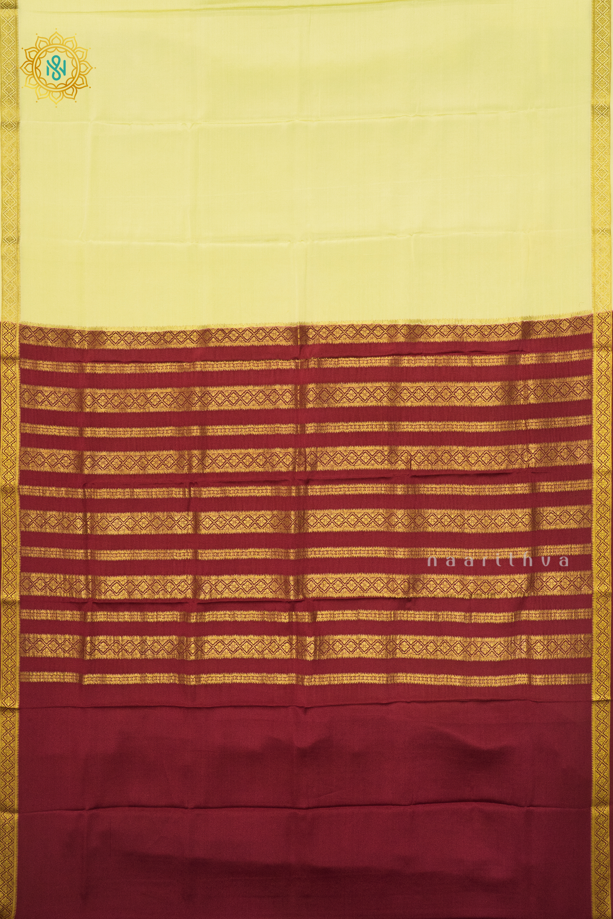 LEMON YELLOW WITH MAROON - PURE MYSORE CREPE SILK