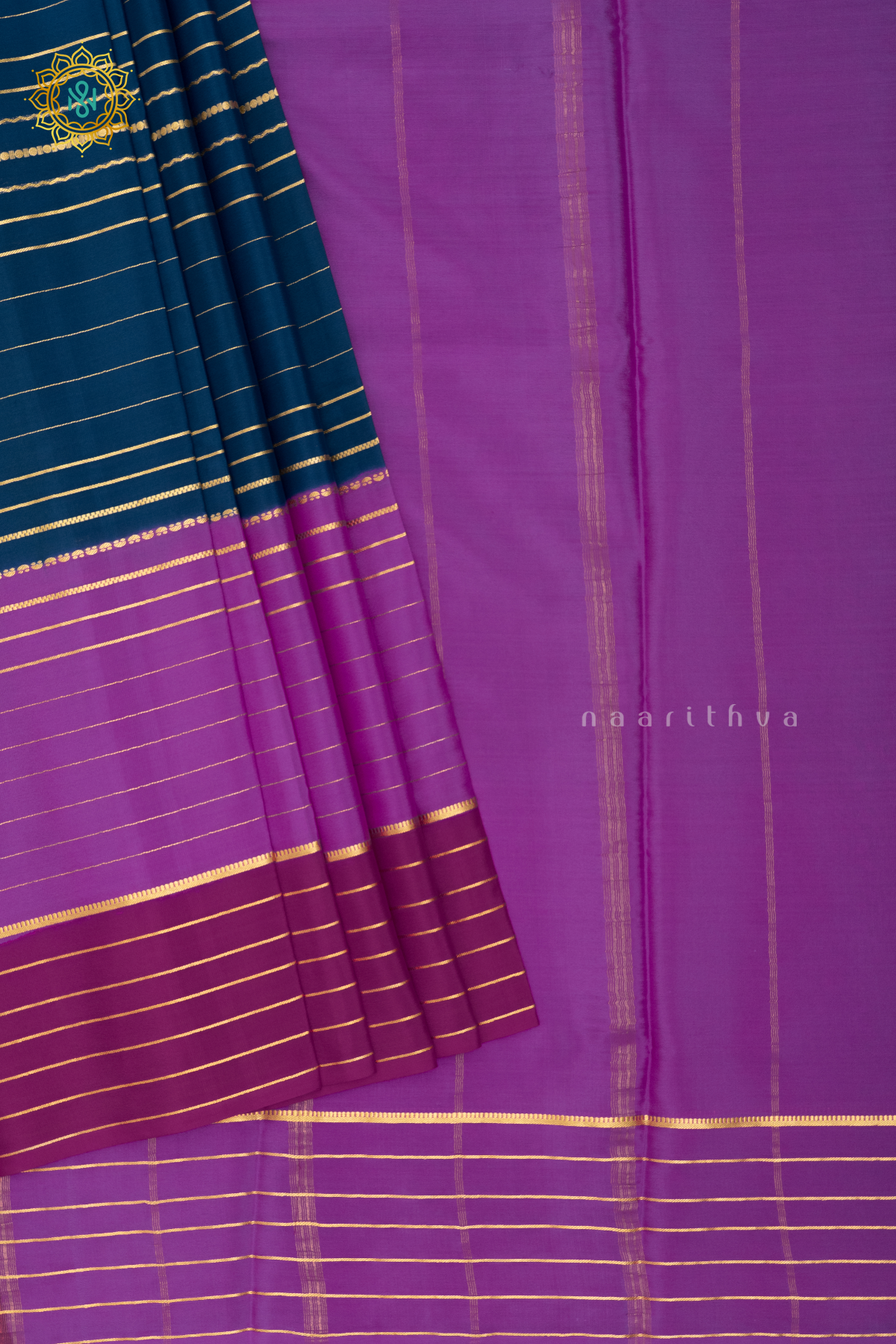 PEACOCK BLUE WITH LAVENDER & PINK - PURE MYSORE CREPE SILK