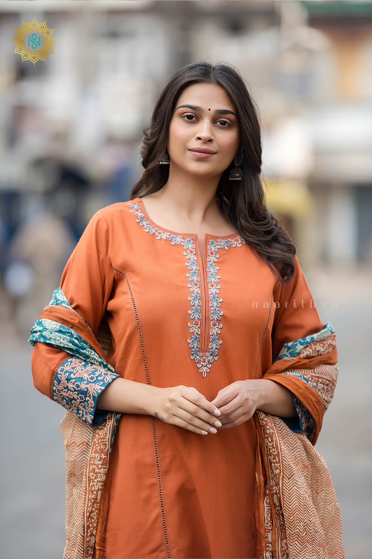 RUST ORANGE - COTTON 3PC SALWAR SUIT WITH TOP, BOTTOM & DUPATTA