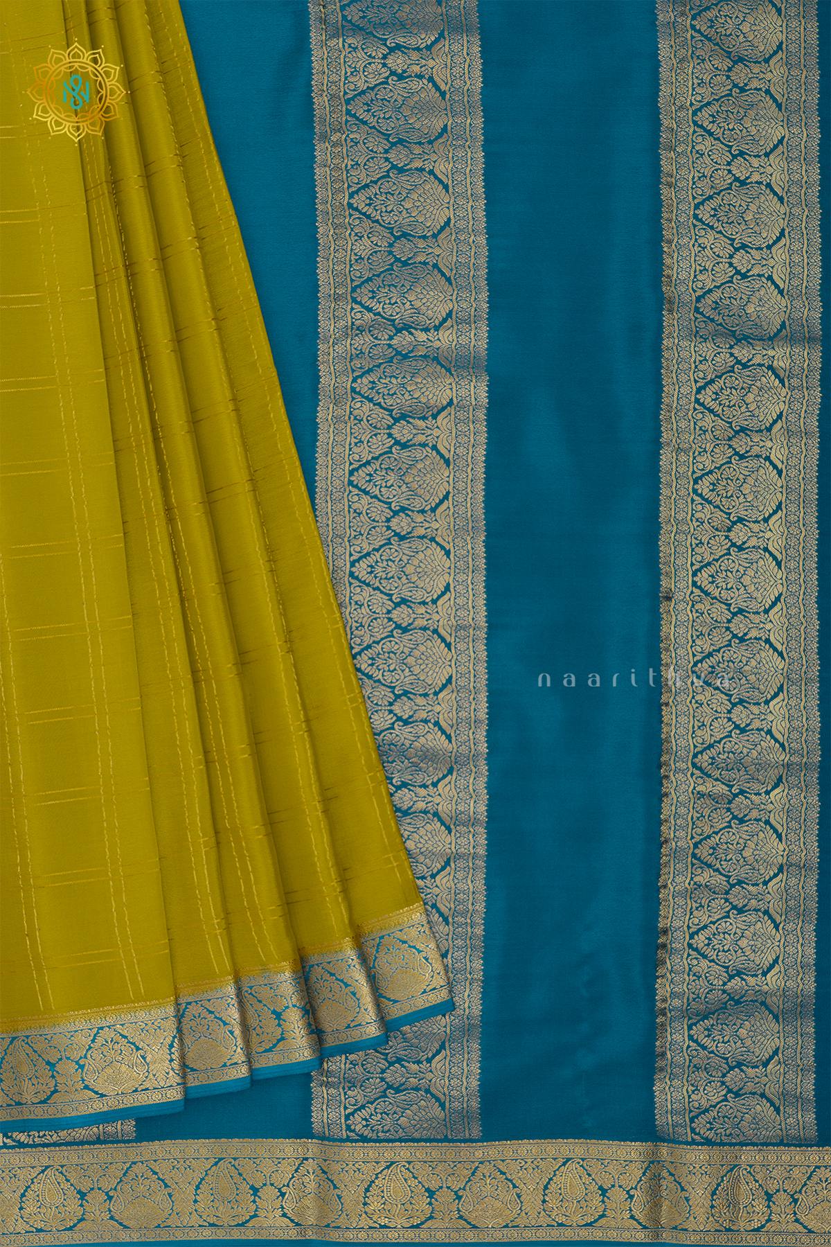 LEMON GREEN WITH PEACOCK BLUE - PURE MYSORE CREPE SILK