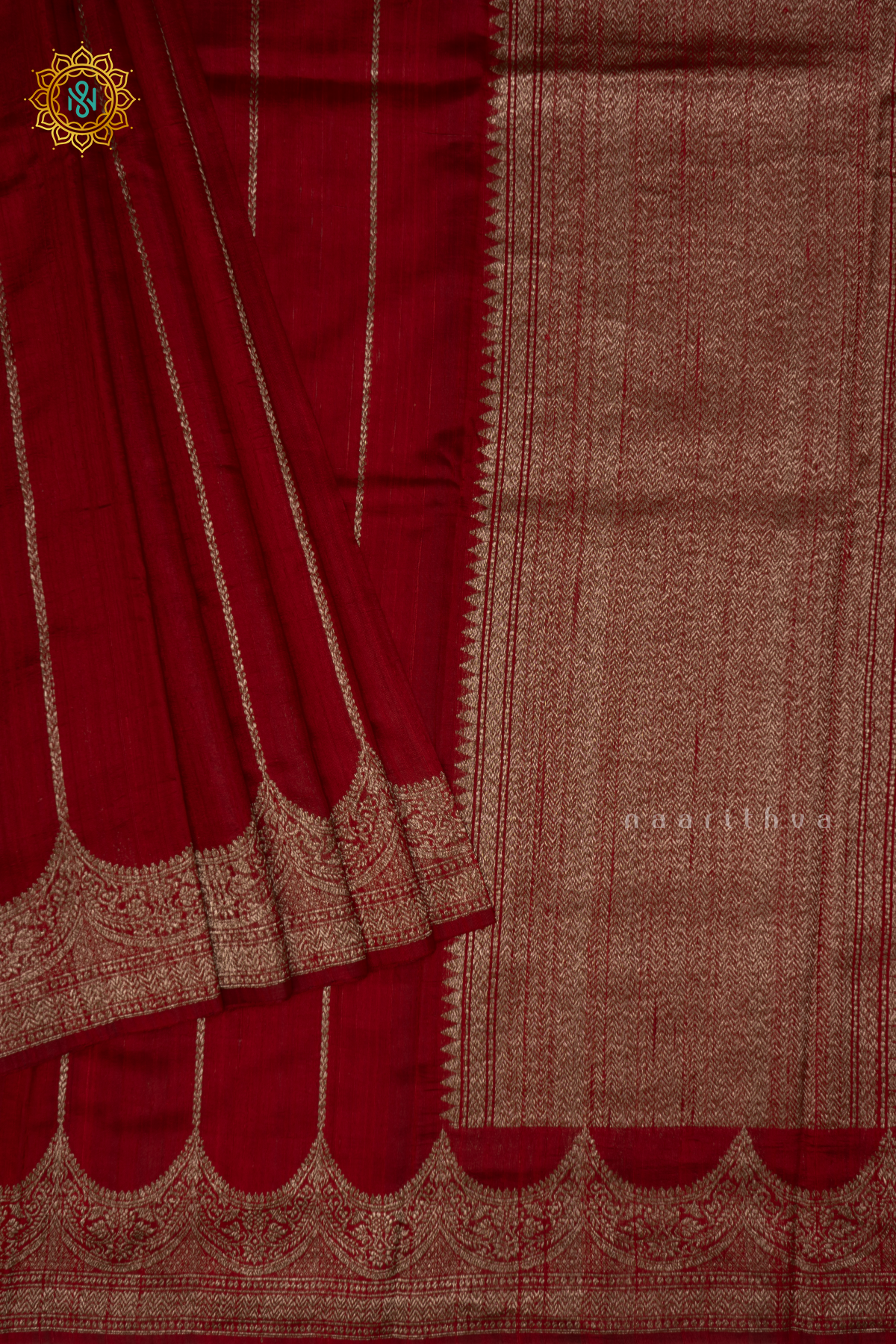 RED - PURE BANARASI RAW SILK SAREE WITH ALLOVER ZARI STRIPES AND SCALLOP BORDER