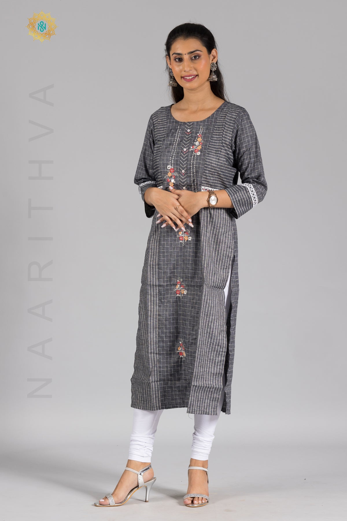 DARK GREY - COTTON CASUAL KURTI WITH SIMPLE EMBROIDERY WORK