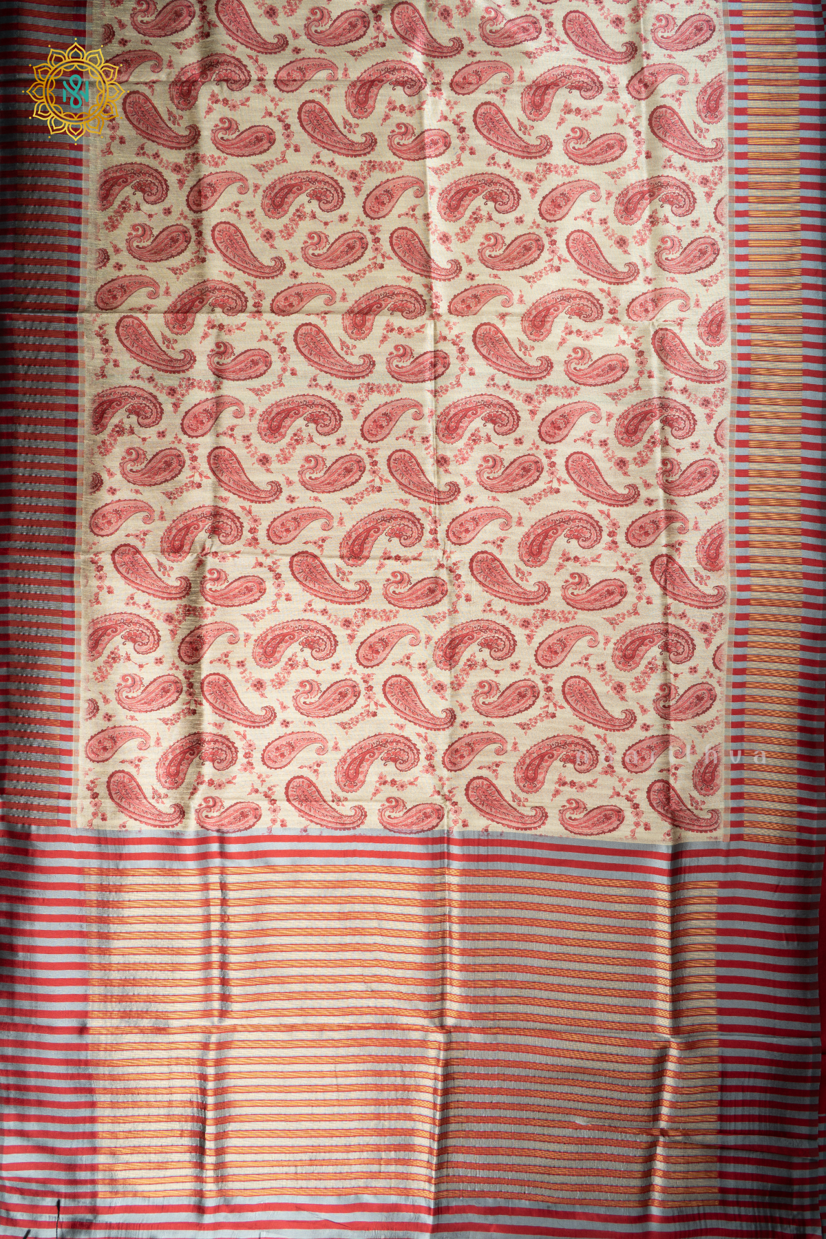 Beige With Red Semi Tussar Silk With Printed Body With Zari Border & Pallu