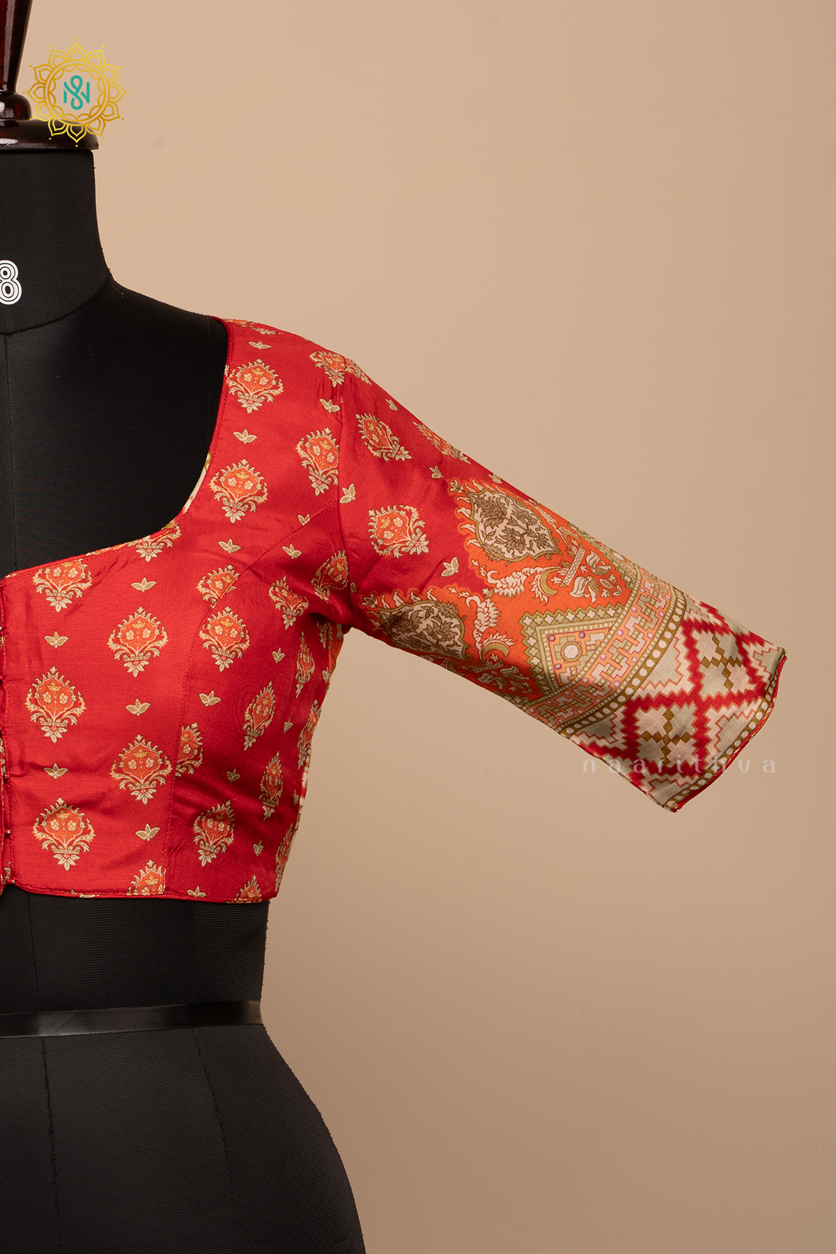 Red - Dola Silk Readymade Blouse Allover Prints On the Body