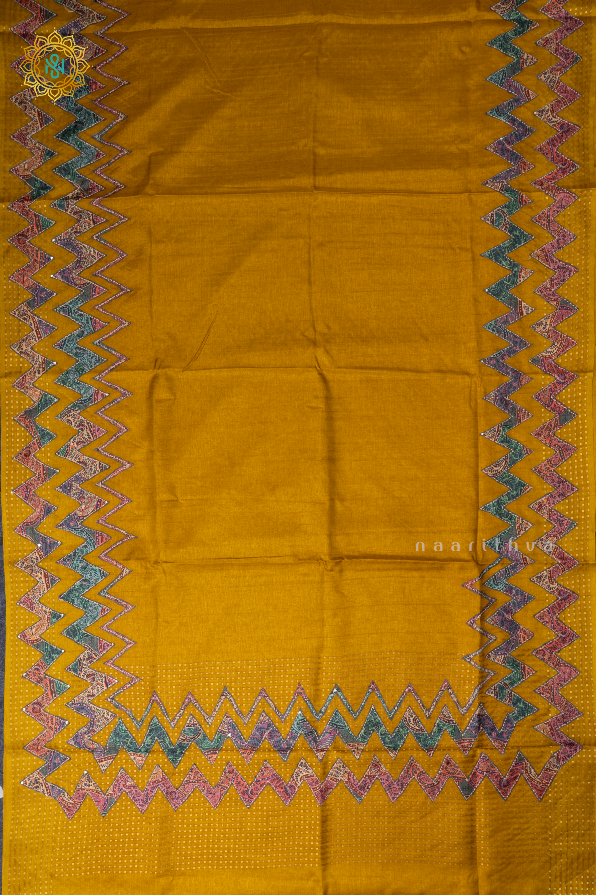 Yellow Semi Tussar Silk With Applique & Katha Work Saree