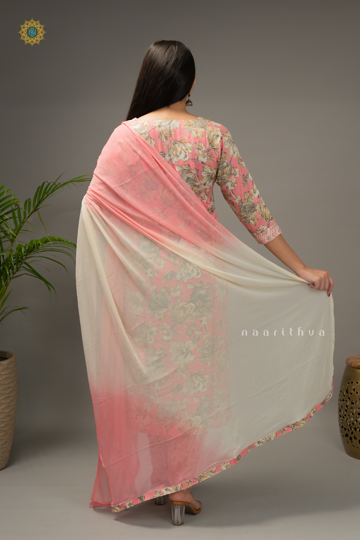 PEACHISH PINK - COTTON 3PC SALWAR SUIT WITH PRINTED TOP, BOTTOM & DUPATTA