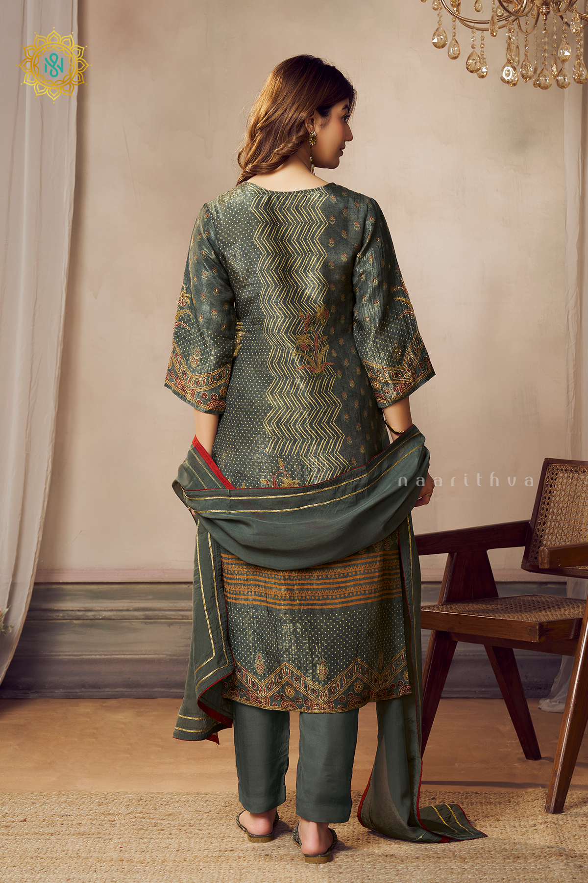 OLIVE GREEN - CREPE 3PC SALWAR SUIT WITH TOP, BOTTOM & DUPATTA