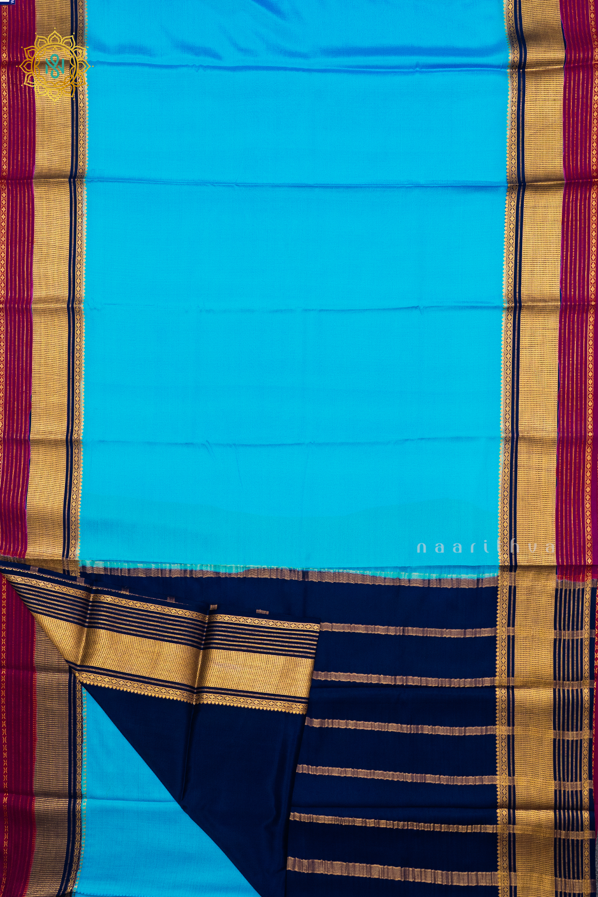 SKY BLUE WITH MAGENTA & NAVY BLUE - PURE MYSORE CREPE SILK