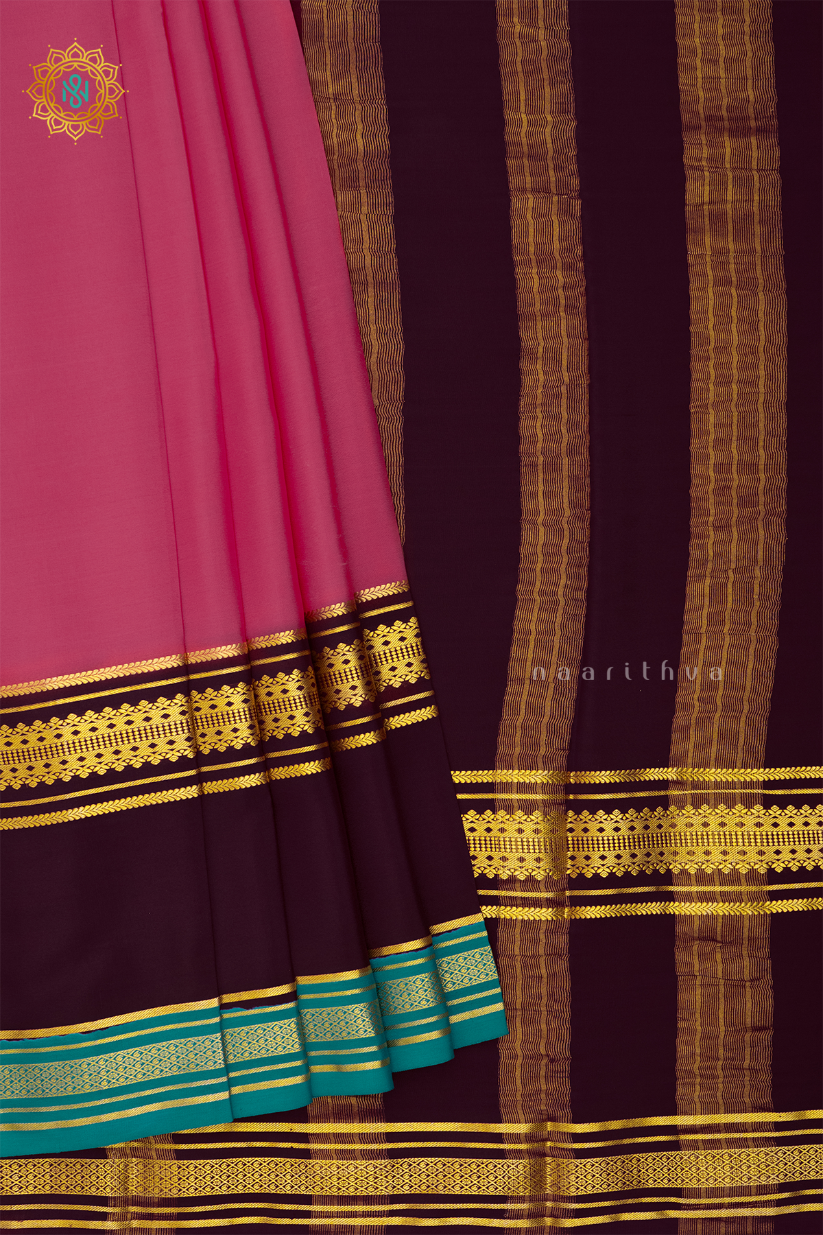 PEACHISH PINK WITH DEEP WINE & AQUA BLUE - PURE MYSORE CREPE SILK