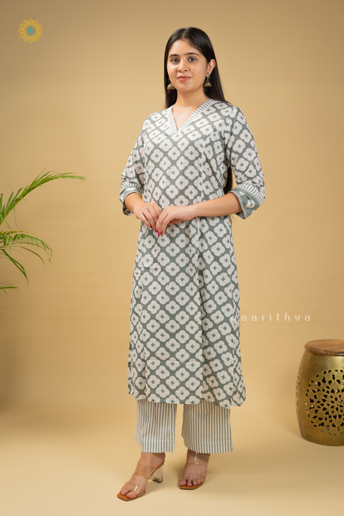 WHITE WITH GREYISH GREEN - COTTON 2PC SALWAR SUIT WITH PRINTED TOP & BOTTOM