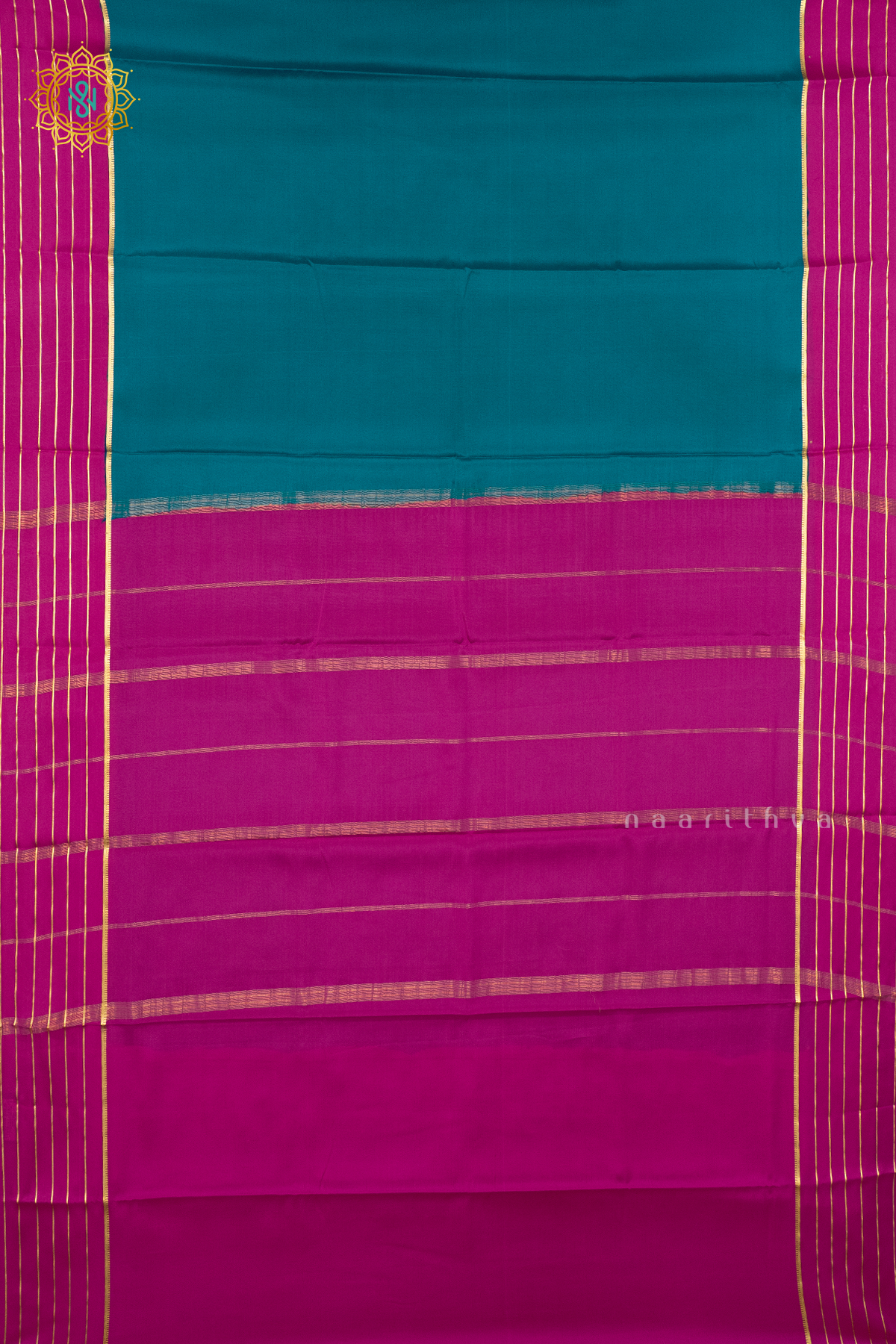 PEACOCK BLUE WITH PINK - PURE MYSORE CREPE SILK