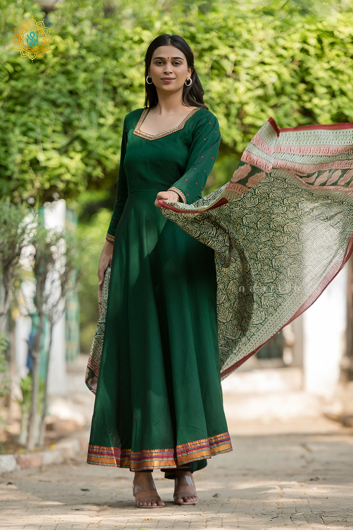 BOTTLE GREEN - COTTON 3PC SALWAR SUIT WITH TOP, BOTTOM & DUPATTA