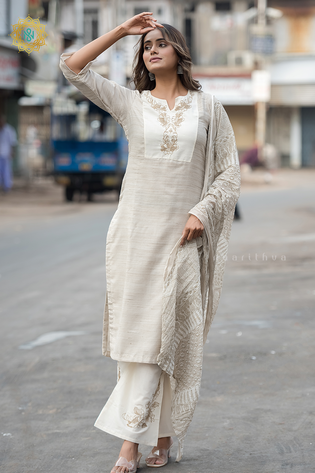 OFF WHITE - LINEN BY COTTON 3PC SALWAR SUIT WITH TOP, BOTTOM & DUPATTA