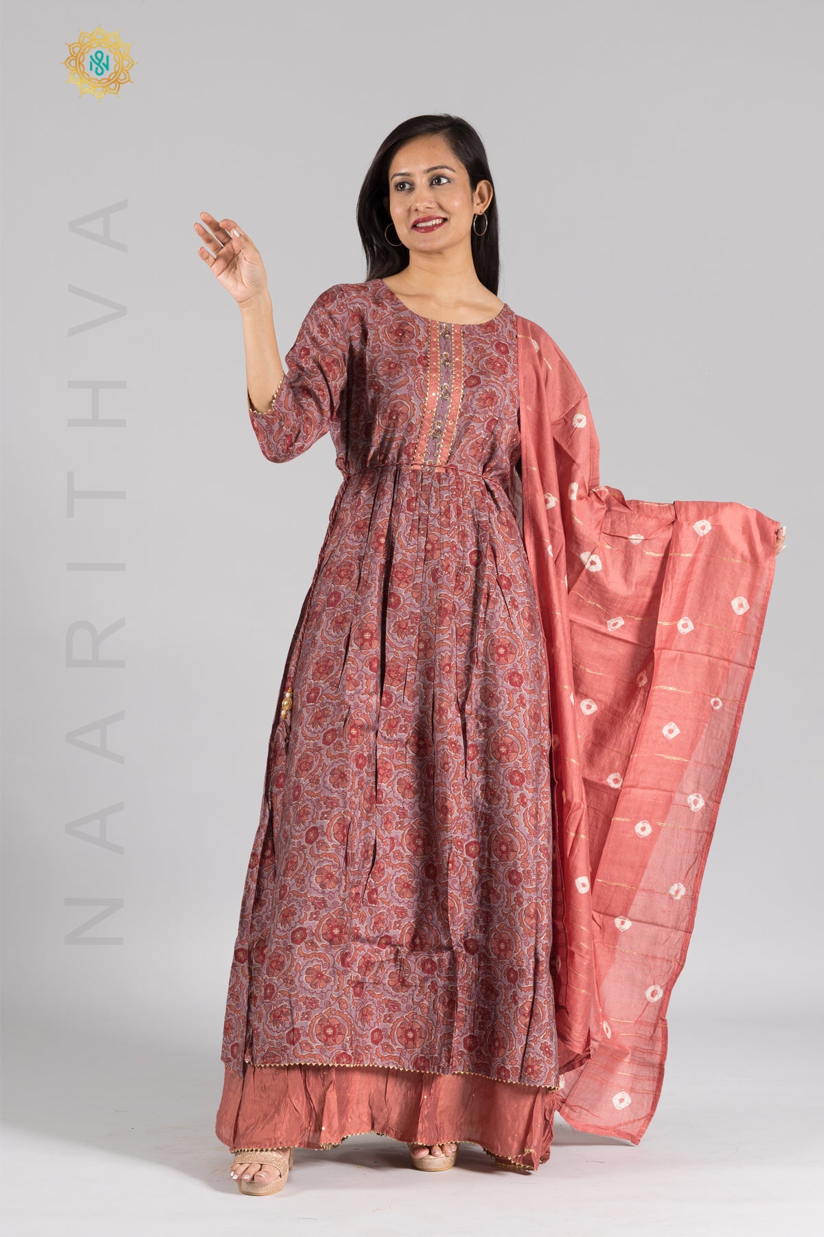 PEACH - PRINTED FLOOR LENGHT KURTHI WITH BEAUTIFUL HANDWORK ON NECKLINE
