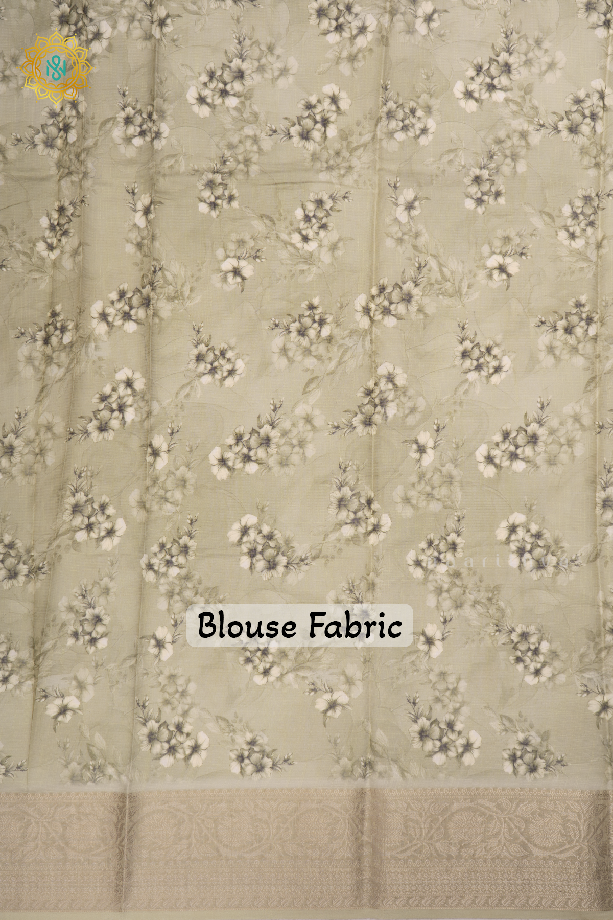 Light Olive Green Linen by Cotton Saree with Floral Printed Body and Zari Border