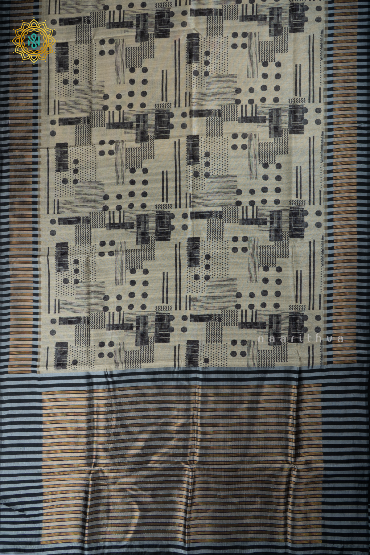 Black Semi Tussar Silk With Printed Body With Zari Border & Pallu