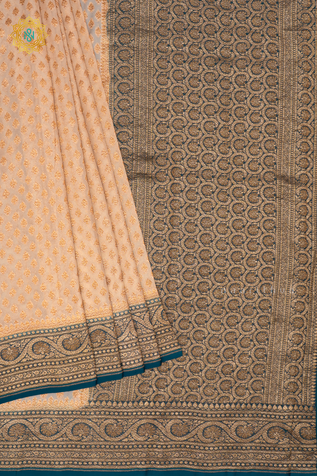 Off White With Blue Pure Banarasi Khaddi Georgette Saree Allover Zari Woven Buttas And Contrast Zari Woven Border