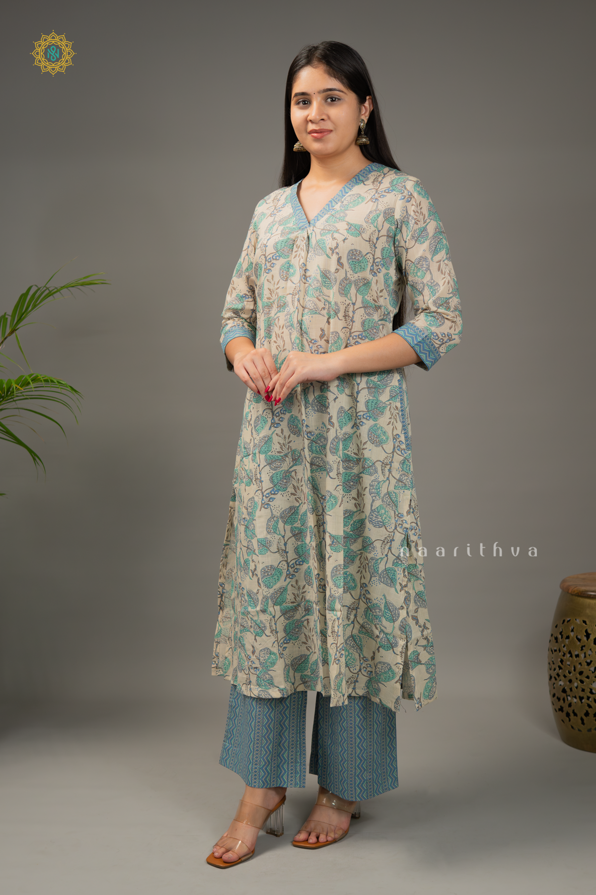 WHITE WITH AQUA GREEN & BLUE - LINEN COTTON 2PC SALWAR SUIT WITH PRINTED TOP & BOTTOM