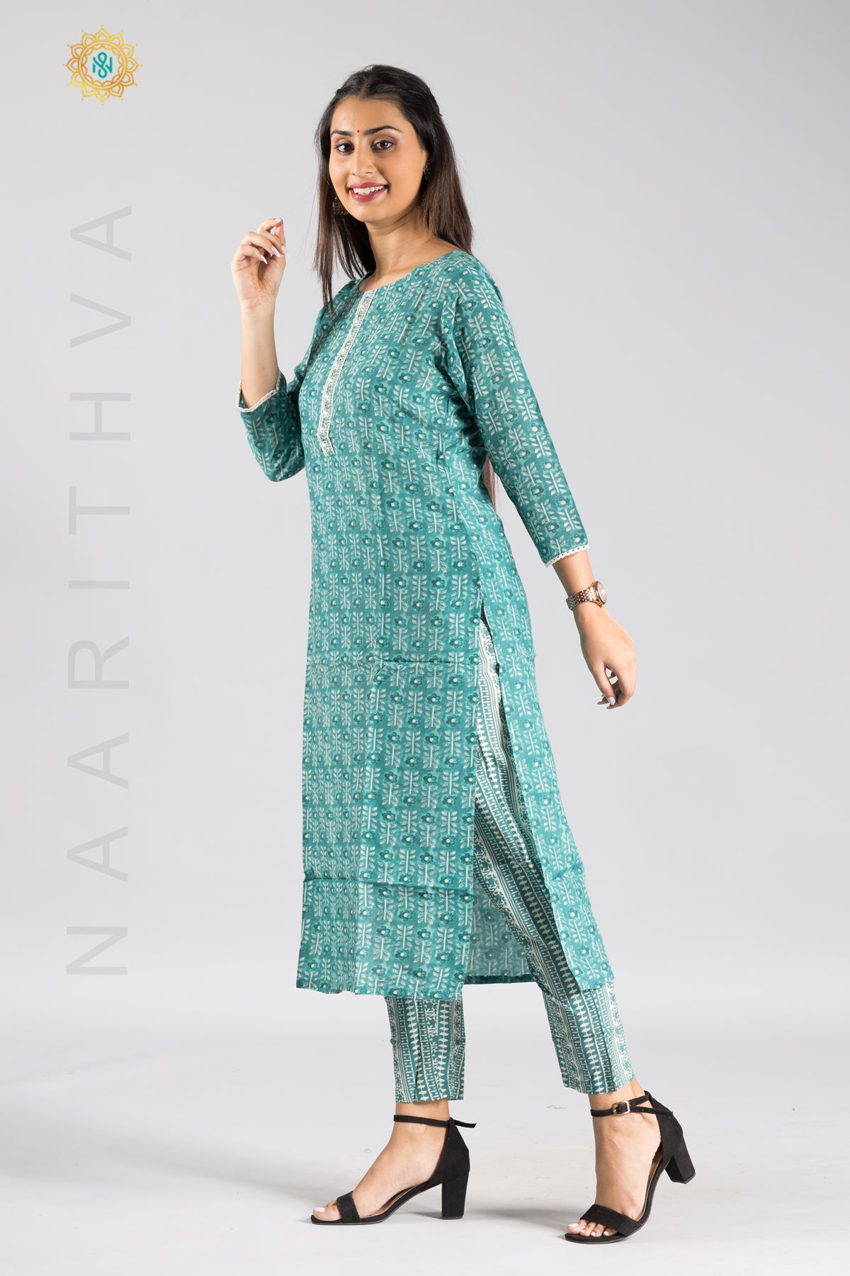 SEA GREEN - PRINTED STRAIGHT CUT KURTI & BOTTOM SUIT