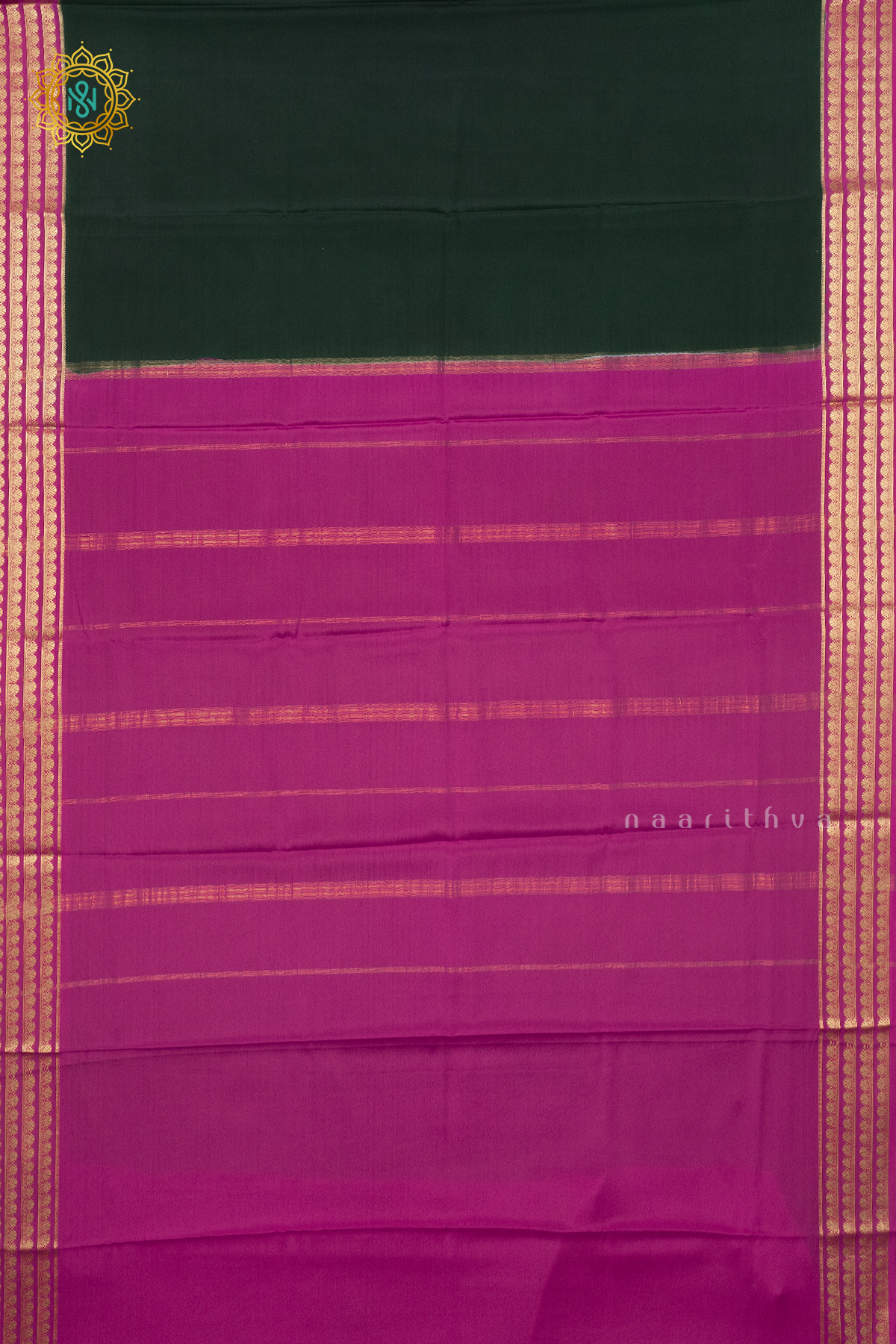 BOTTLE GREEN WITH PINK - PURE MYSORE CREPE SILK