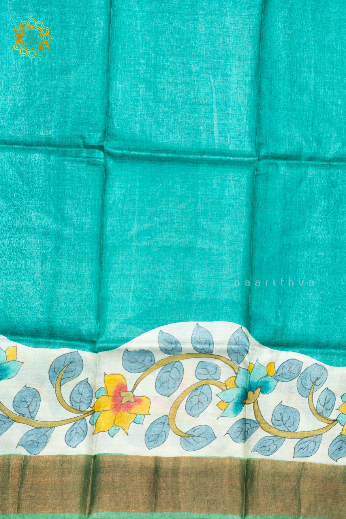 AQUA GREEN WITH LIGHT GREEN - PURE TUSSAR SILK WITH HAND PAINTED