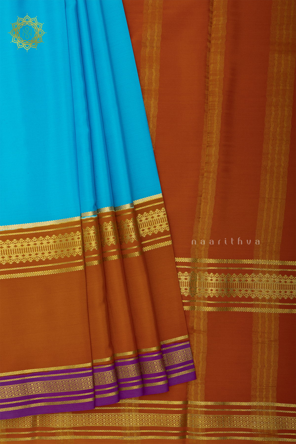 SKY BLUE WITH ORANGE & MAGENTA - PURE MYSORE CREPE SILK