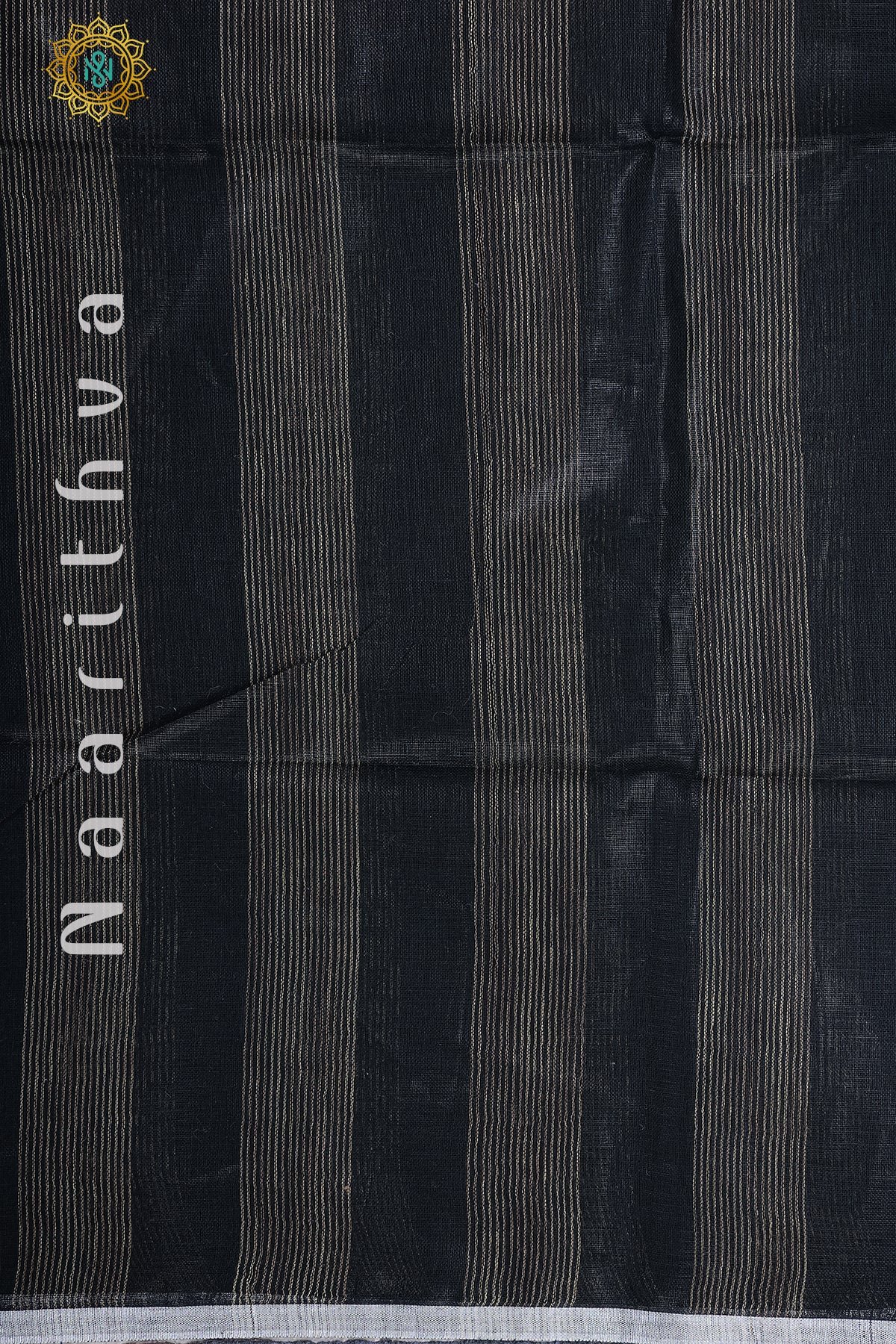 Black With Grey Pure Linen Saree With Vertical Stripes On The Body And Silver Woven Zari Border