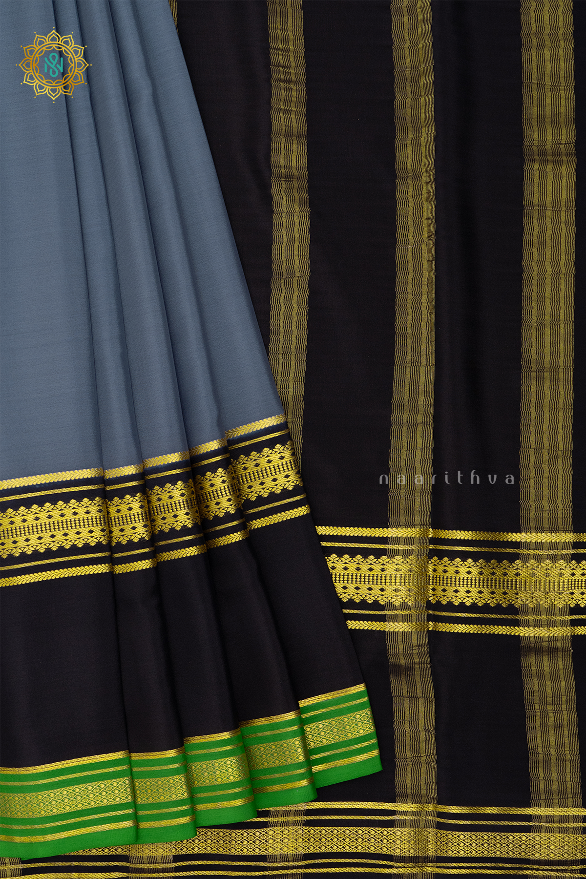 ELEPHANT GREY WITH BLACK & GREEN - PURE MYSORE CREPE SILK