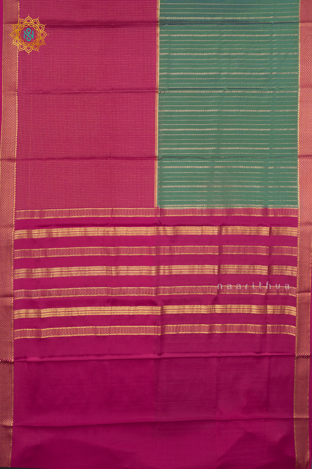AQUA BLUE WITH PINK - PURE MYSORE CREPE SILK
