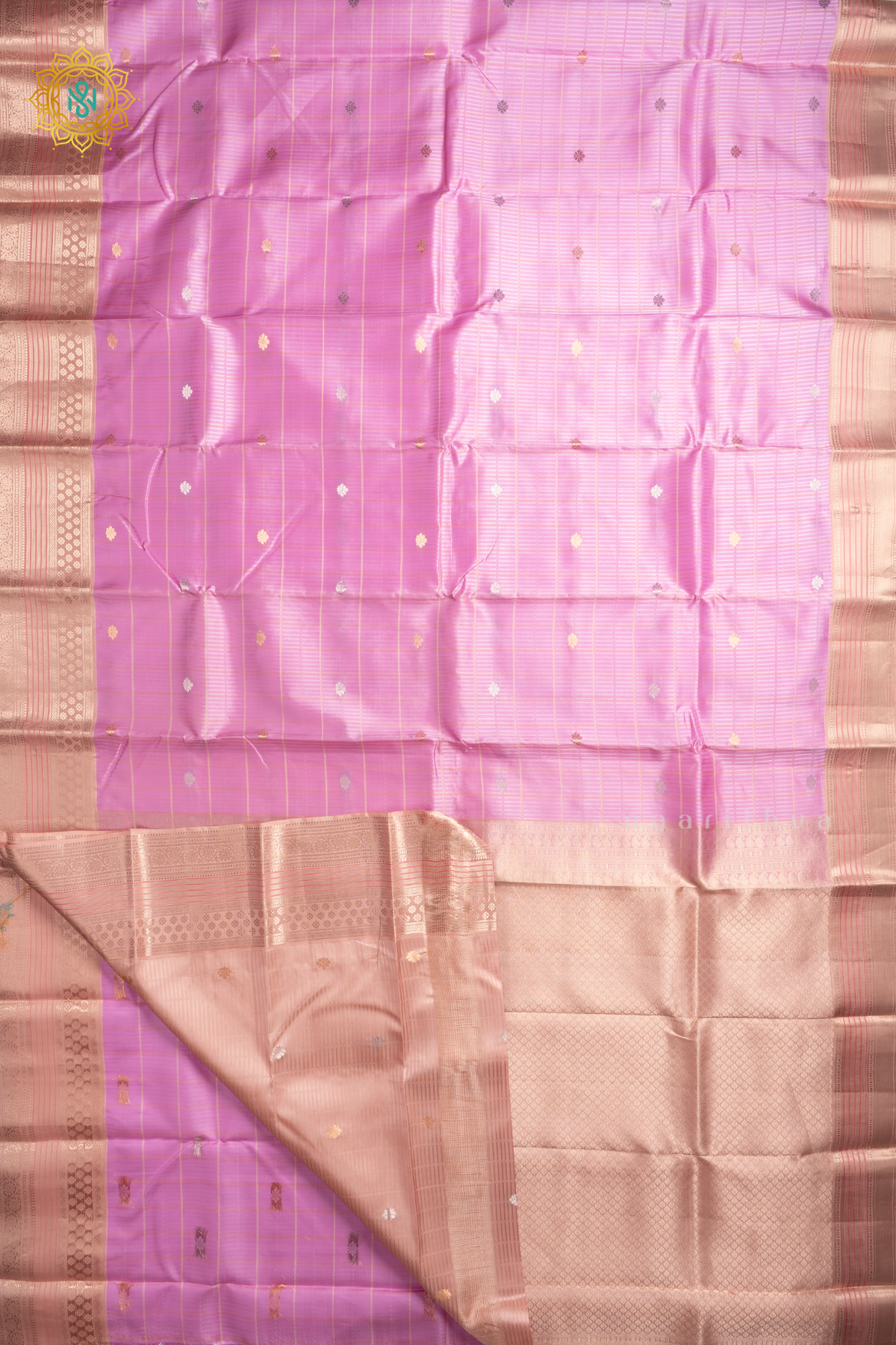 Lavender with Beige Pure Kanjivaram Silk Saree with Zari Woven Buttas,Stripes and Zari Border