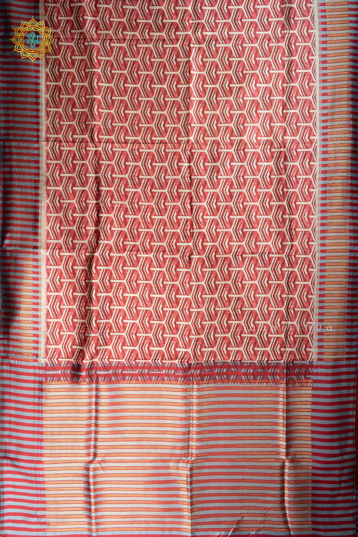 Red Semi Tussar Silk With Printed Body With Zari Border & Pallu