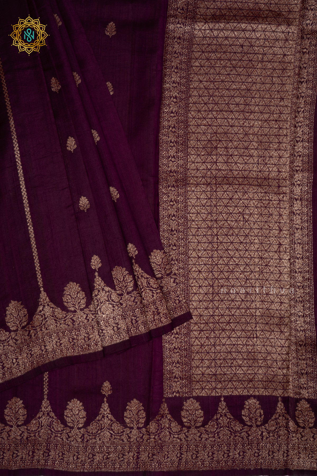 WINE - PURE BANARASI RAW SILK SAREE WITH ALLOVER ZARI WOVEN BUTTAS AND SCALLOP BORDER