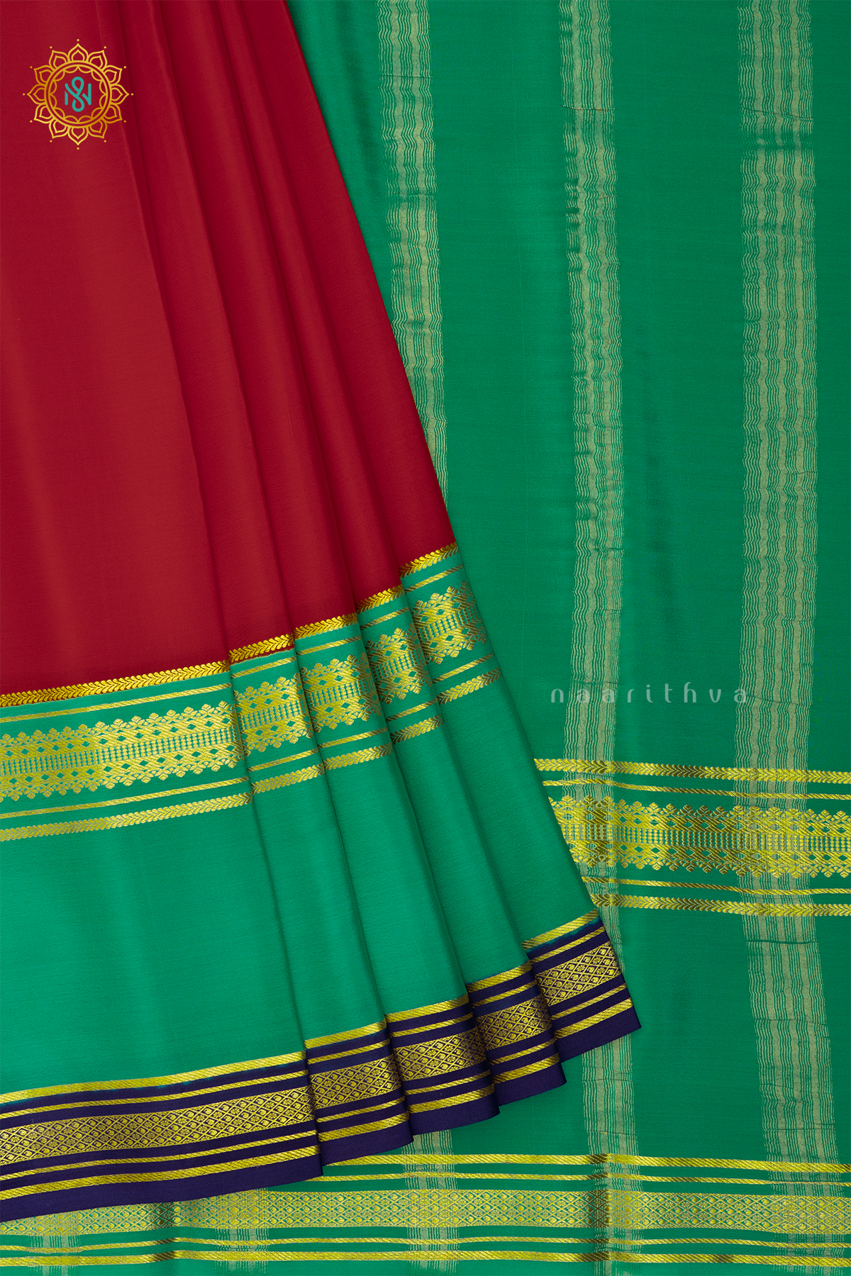 RED WITH GREEN & NAVY BLUE - PURE MYSORE CREPE SILK