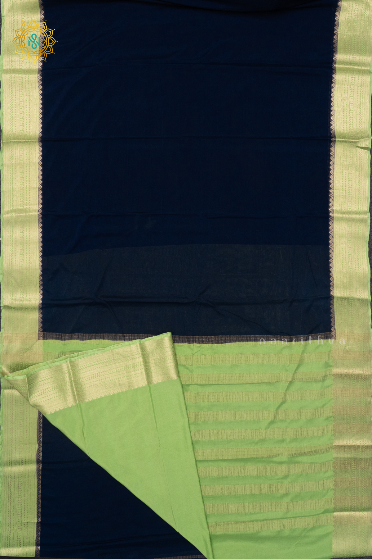 NAVY BLUE WITH LIGHT GREEN - SEMI MYSORE CREPE SILK