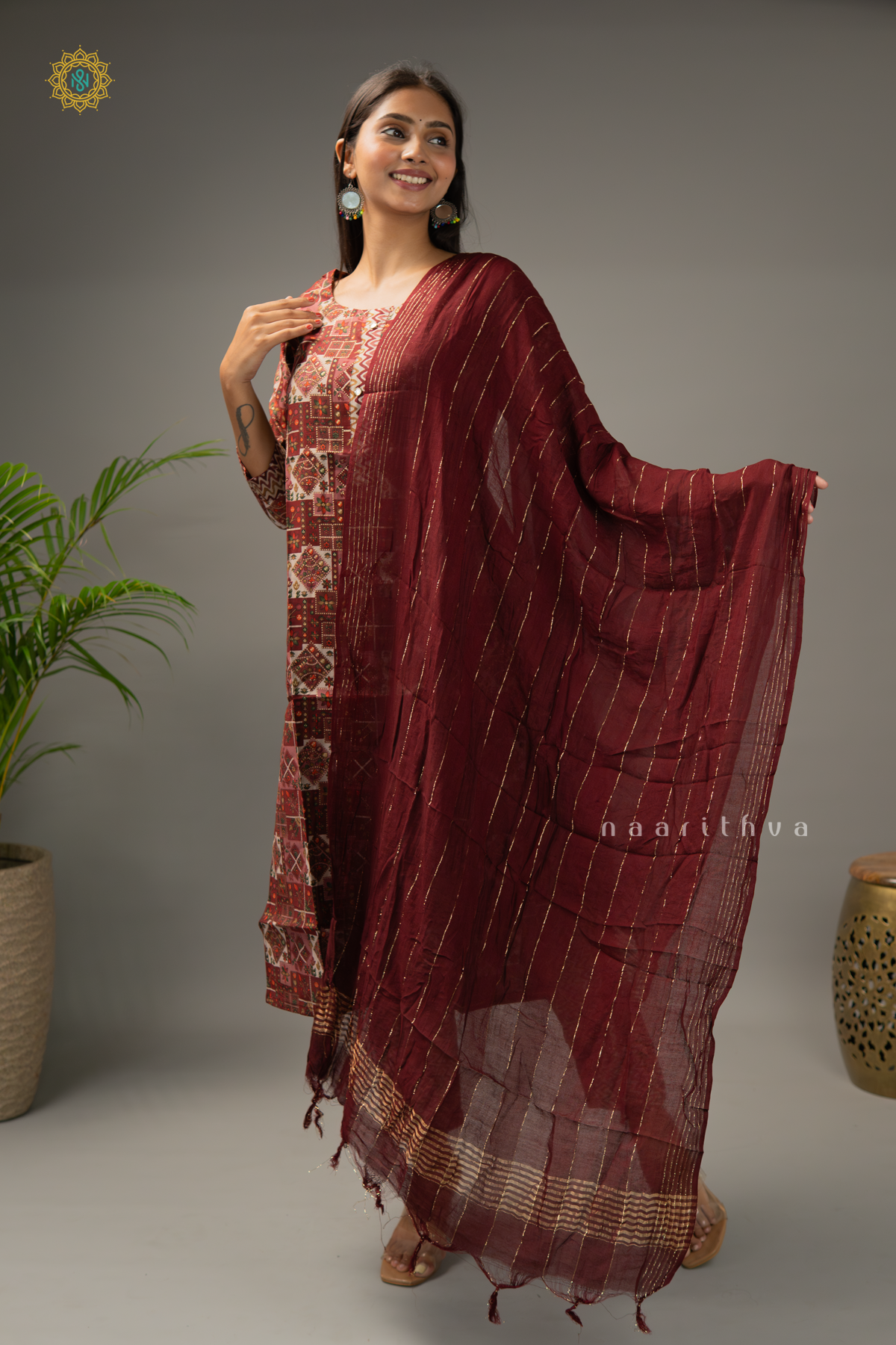 MAROON - RAYON 3PC SALWAR SUIT WITH PRINTED TOP, BOTTOM & DUPATTA