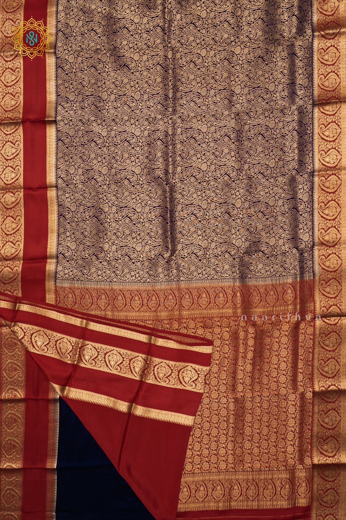 NAVY BLUE WITH MAROON - PURE MYSORE CREPE SILK