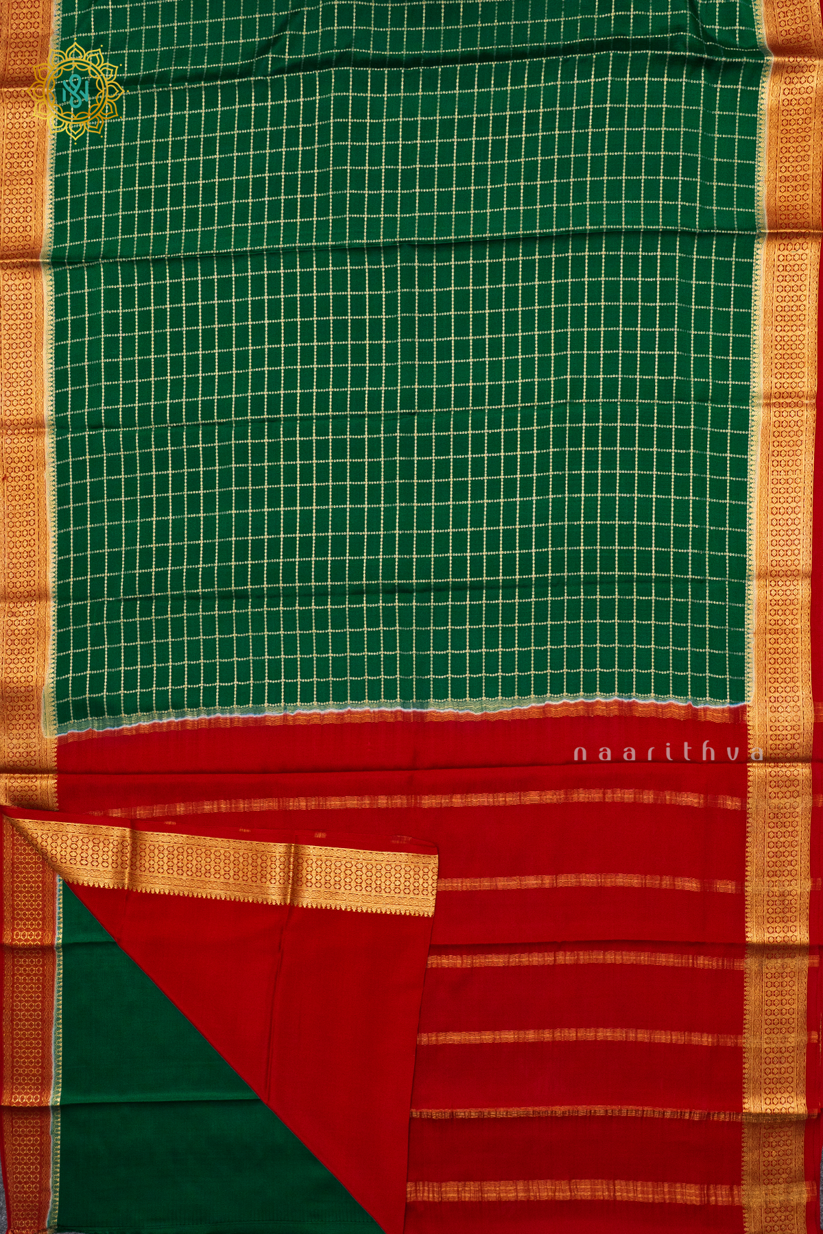BOTTLE GREEN WITH RED - PURE MYSORE CREPE SILK