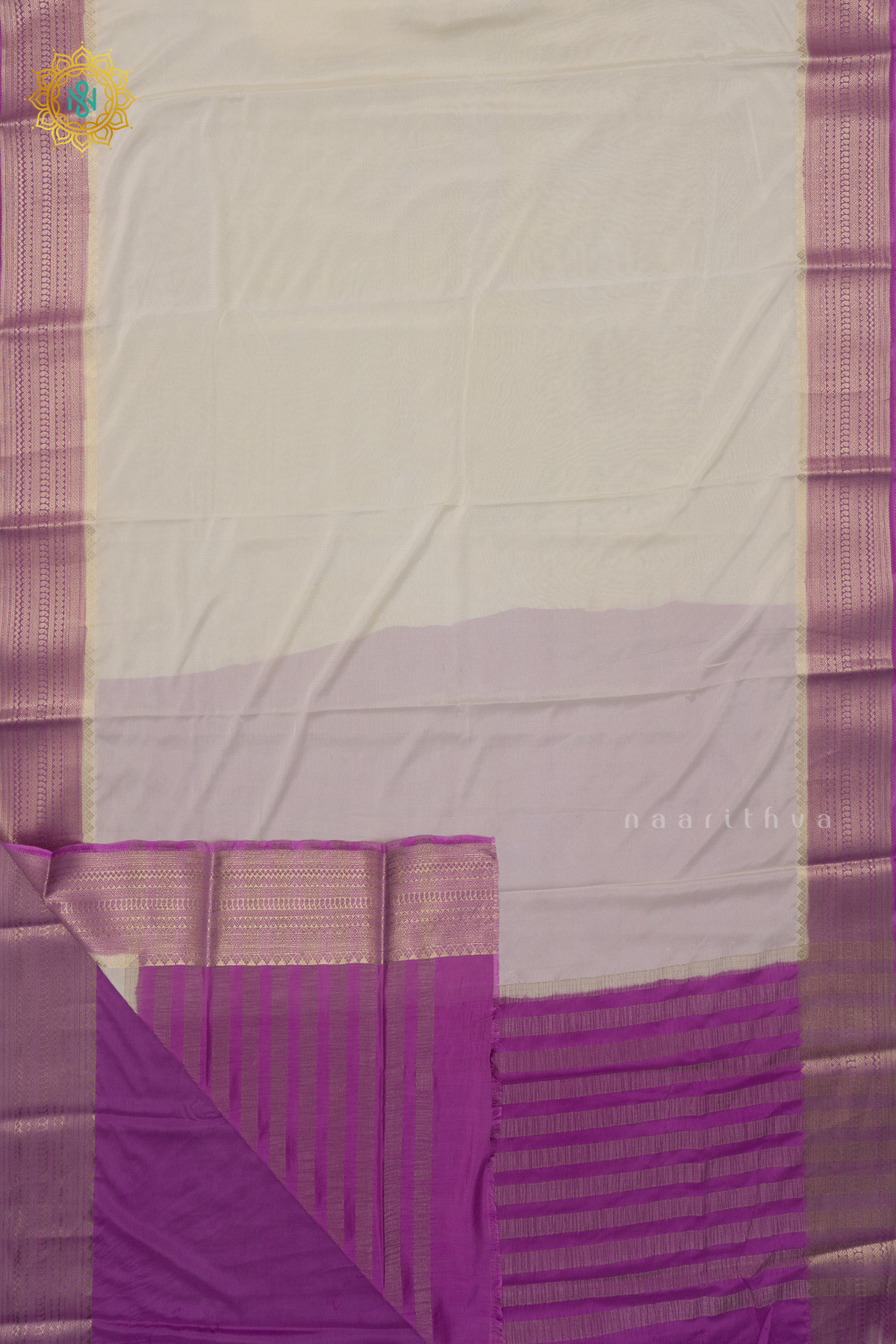 WHITE WITH LAVENDER - SEMI MYSORE CREPE SILK