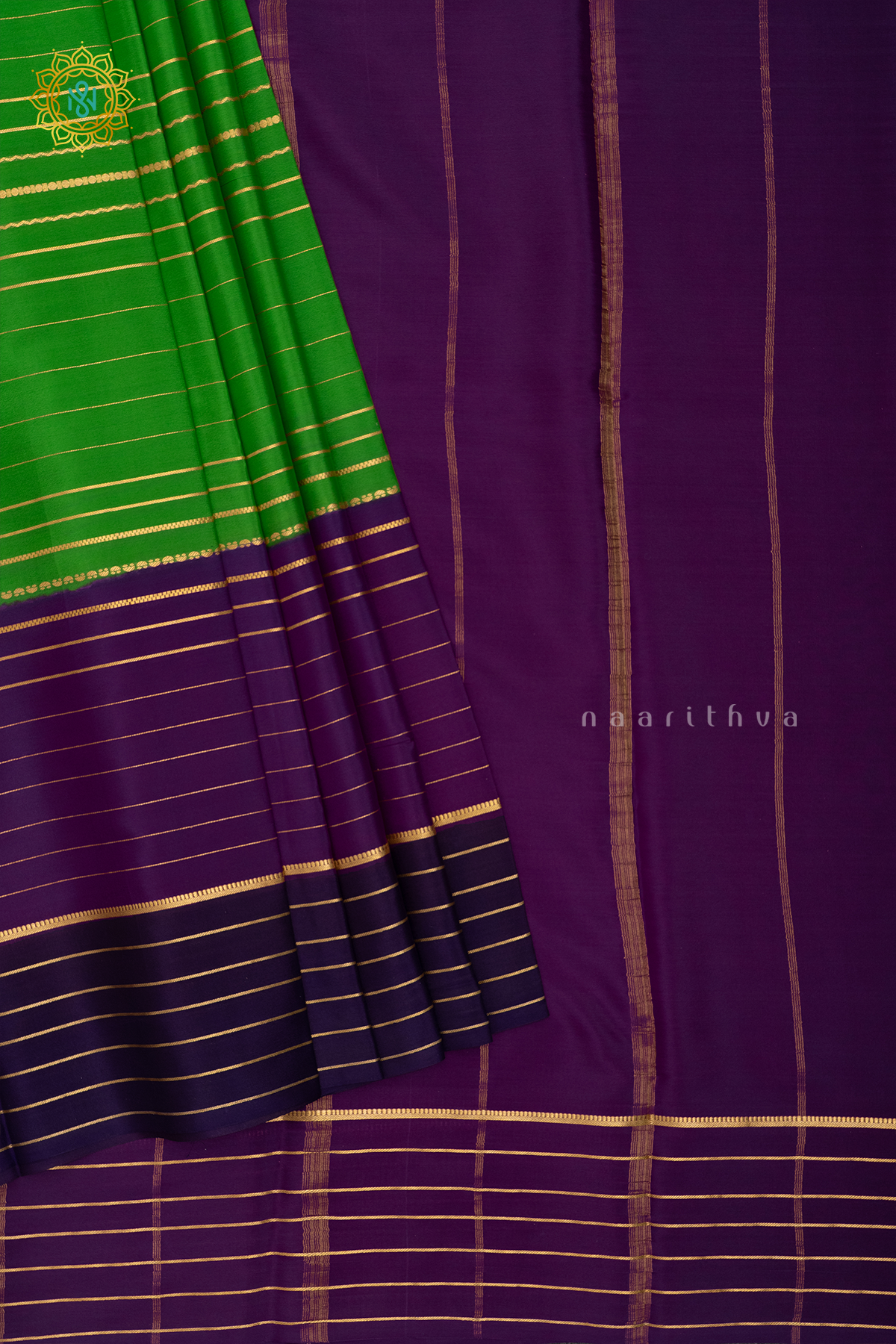PARROT GREEN WITH WINE & PURPLE - PURE MYSORE CREPE SILK