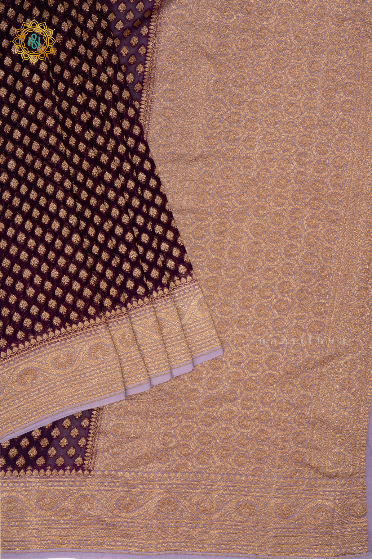 PURPLE WITH LAVENDER - PURE BANARASI KHADDI GEORGETTE SAREE ALLOVER ZARI WOVEN BUTTAS AND CONTRAST ZARI WOVEN BORDER