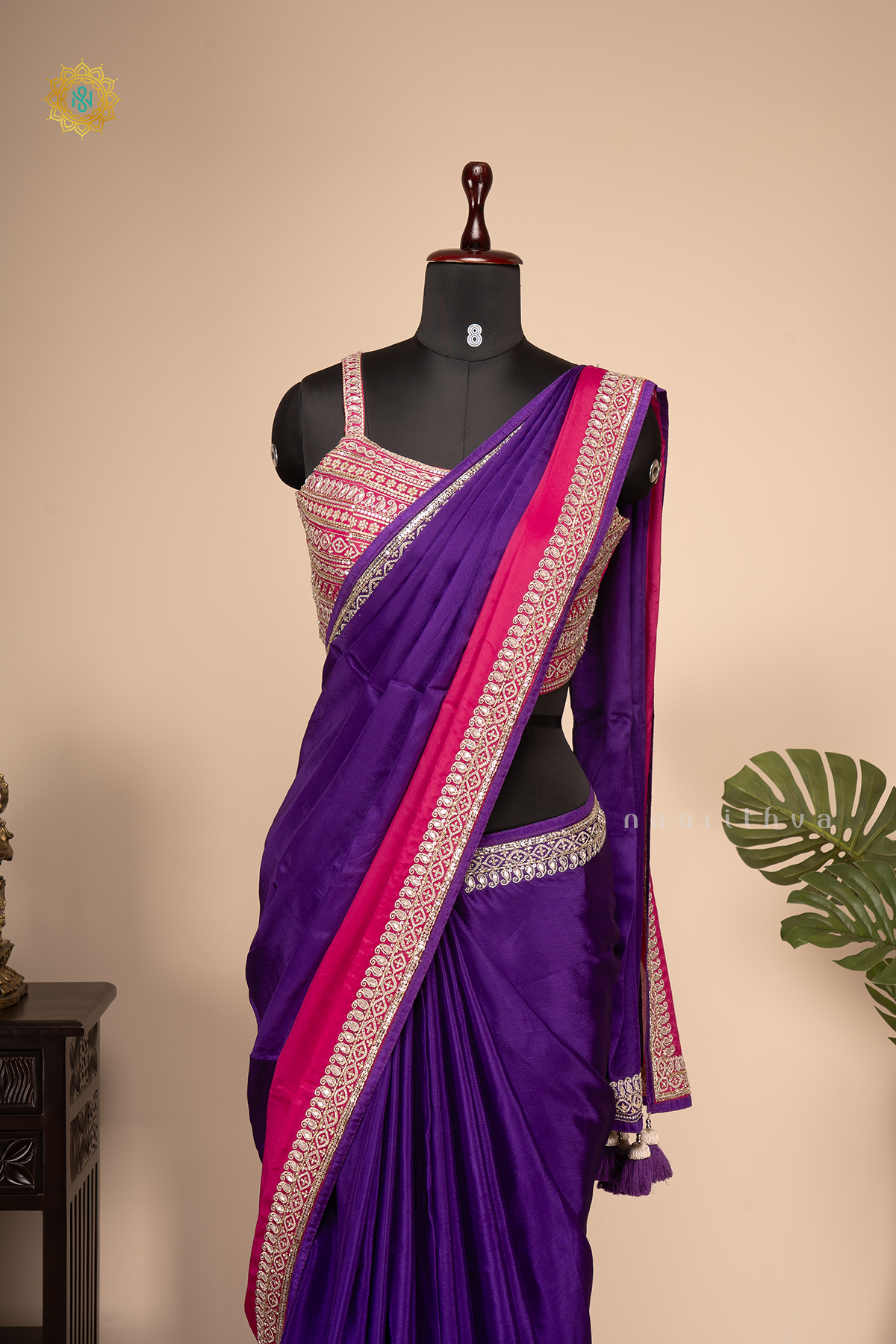 Purple With Pink Chinnon Designer Wear Saree with Readymade Blouse