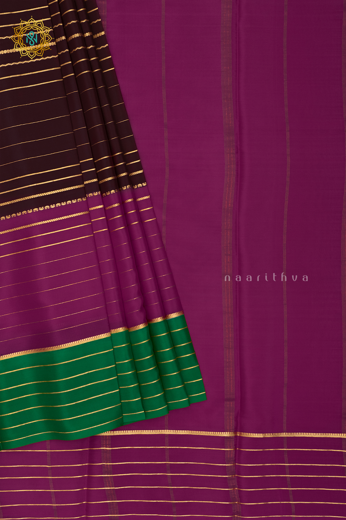 BROWN WITH PINK & GREEN - PURE MYSORE CREPE SILK