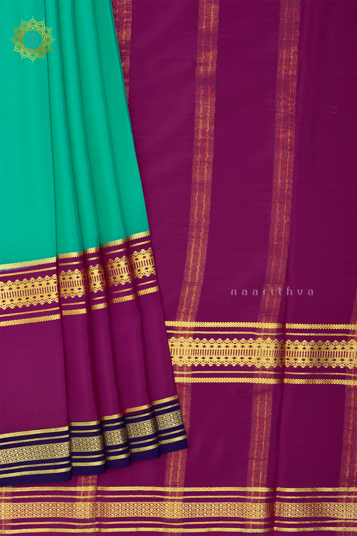 AQUA GREEN WITH PINK & BLUE - PURE MYSORE CREPE SILK