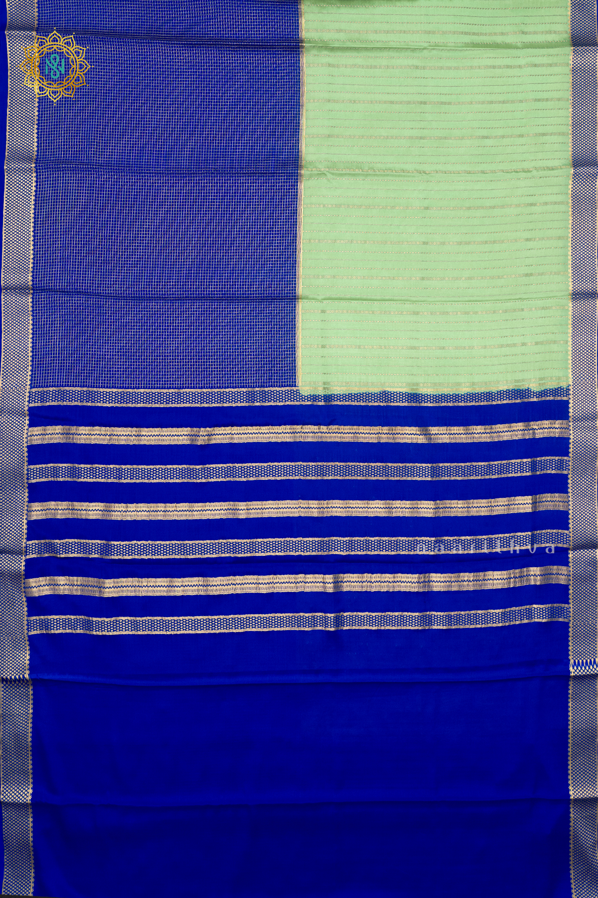 AQUA GREEN WITH ROYAL BLUE - PURE MYSORE CREPE SILK
