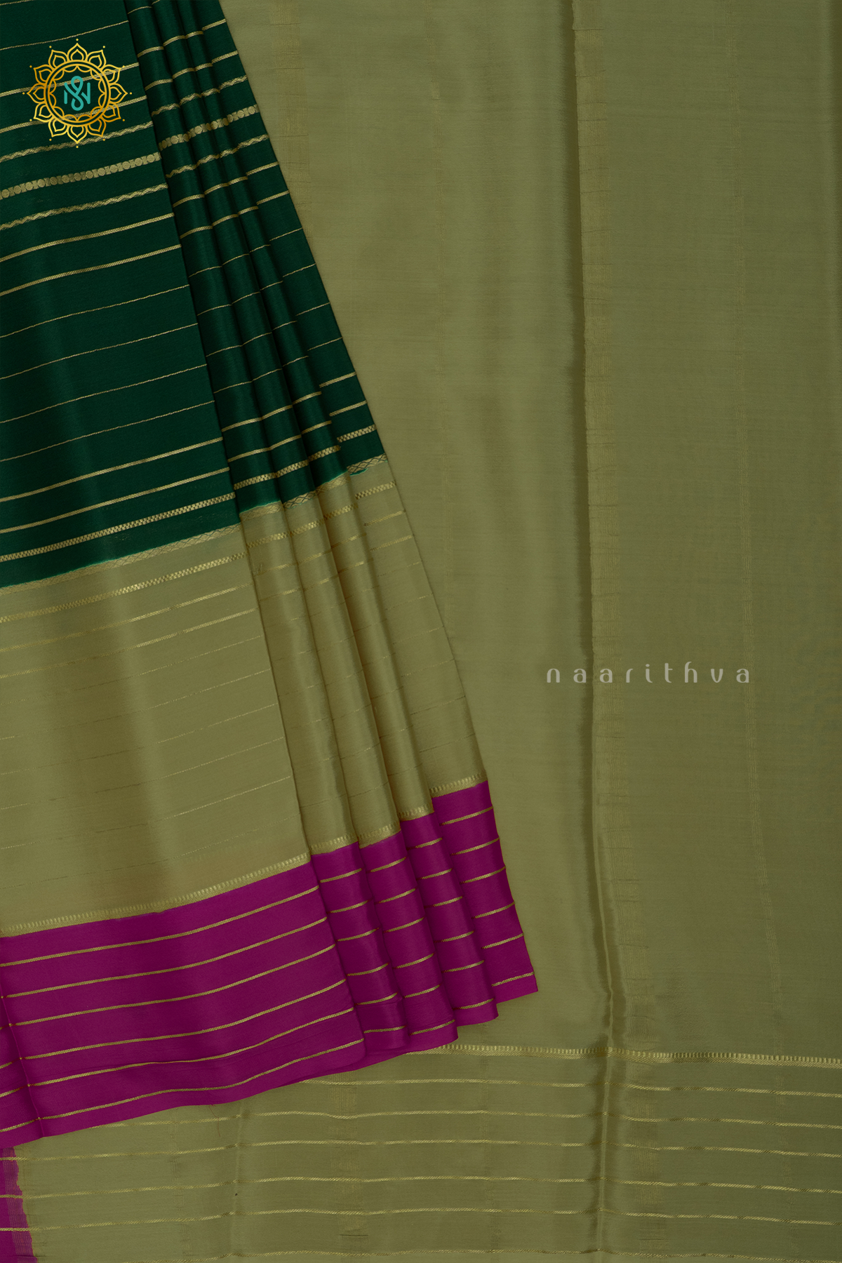 BOTTLE GREEN WITH SAGE GREEN & PINK - PURE MYSORE CREPE SILK