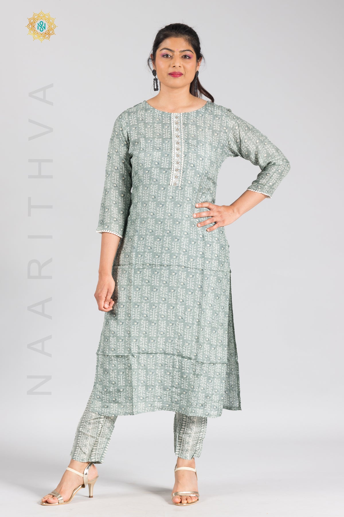 GREENISH GREY - PRINTED STRAIGHT CUT KURTI & BOTTOM SUIT