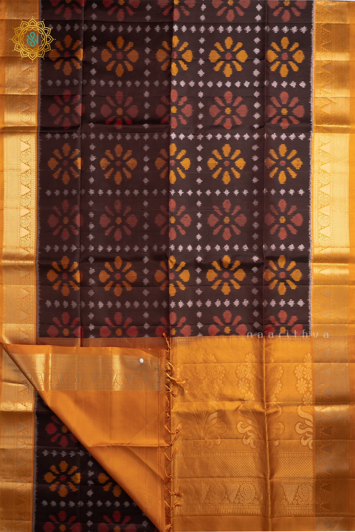 Brown With Mustard Pure Silk Saree with Ikat Weaves on the Body and Contrast Border