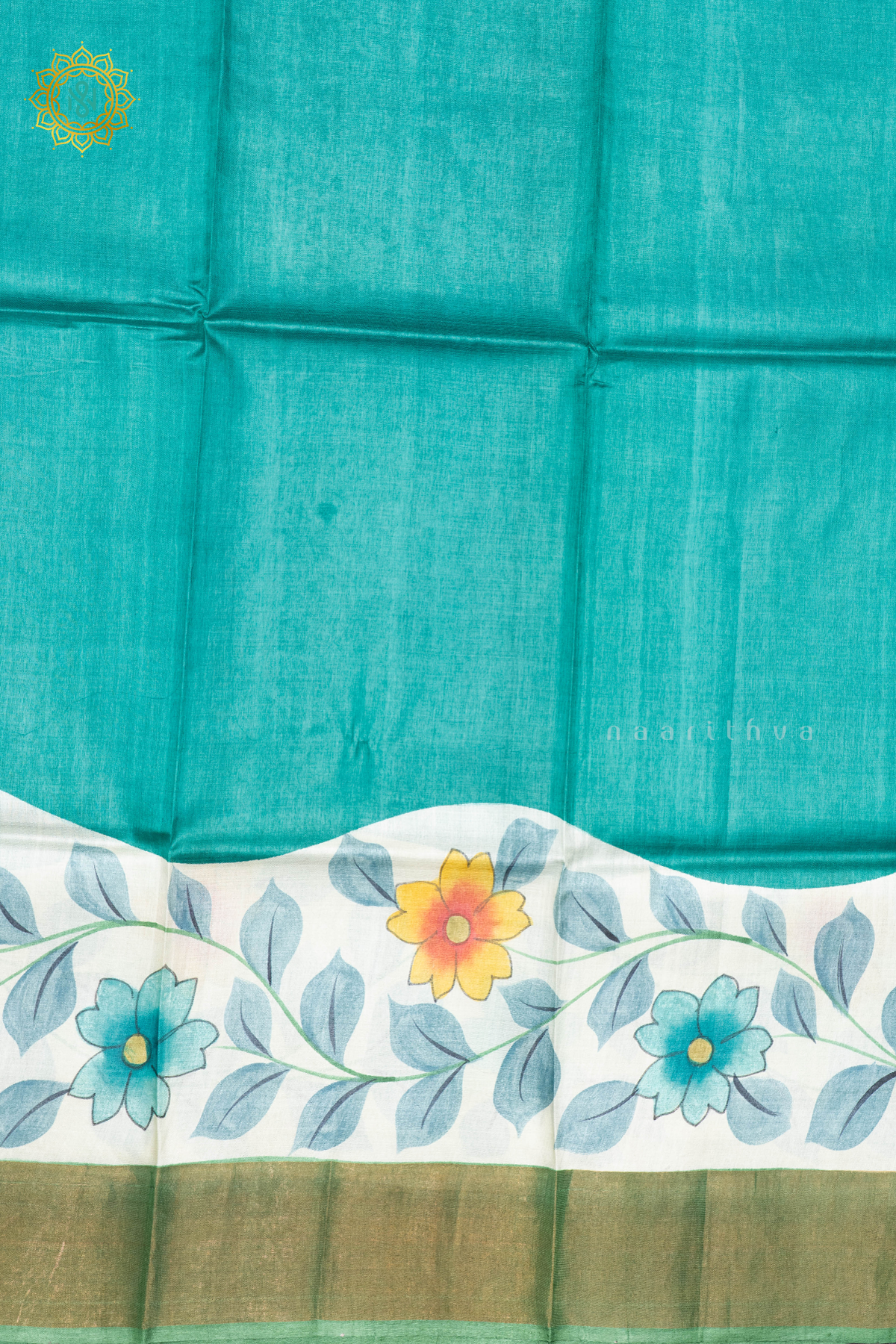 AQUA GREEN WITH LIGHT GREEN - PURE TUSSAR SILK WITH HAND PAINTED